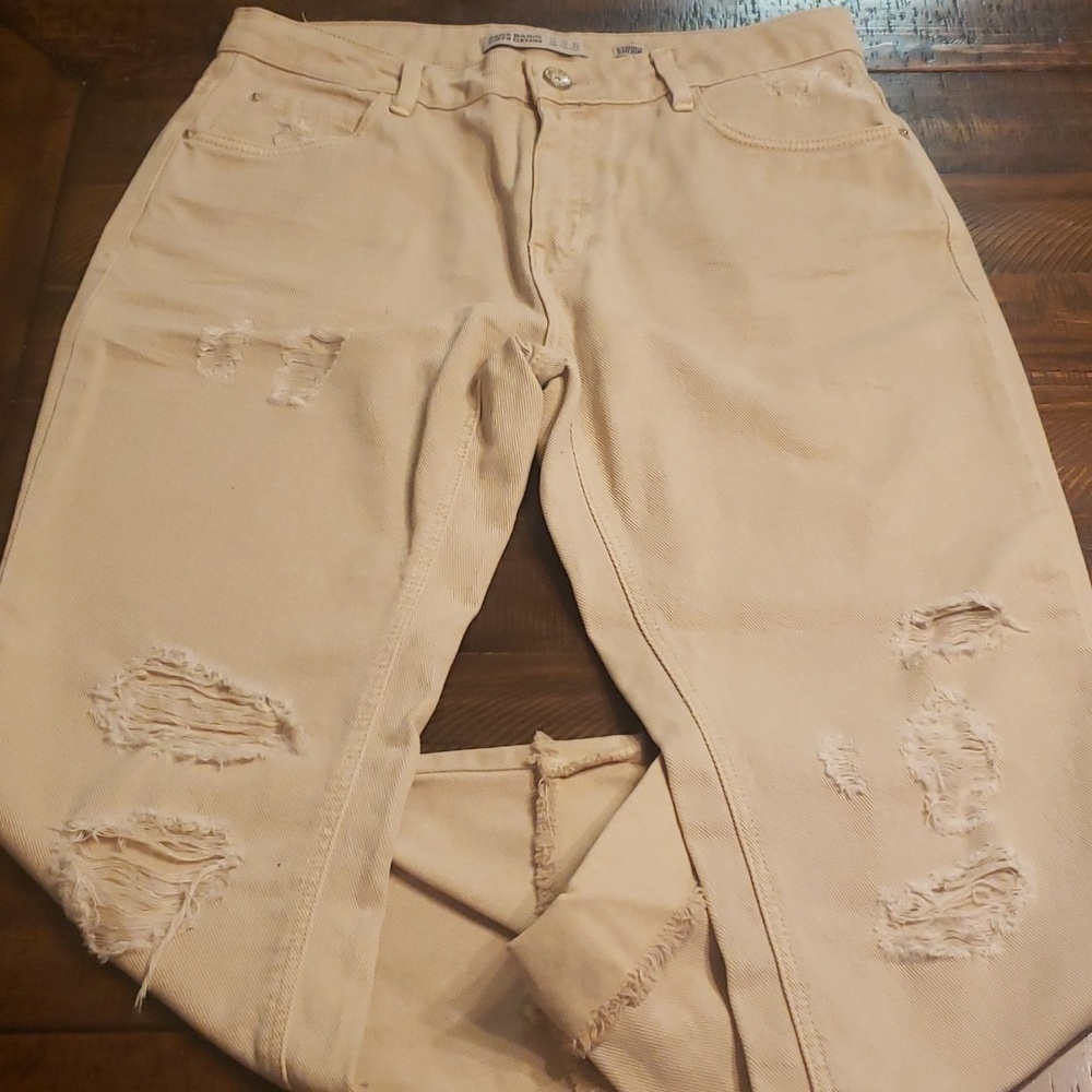 Zara Basic Z1975 Denim Tan Ripped Skinny Crop Ankle Jeans